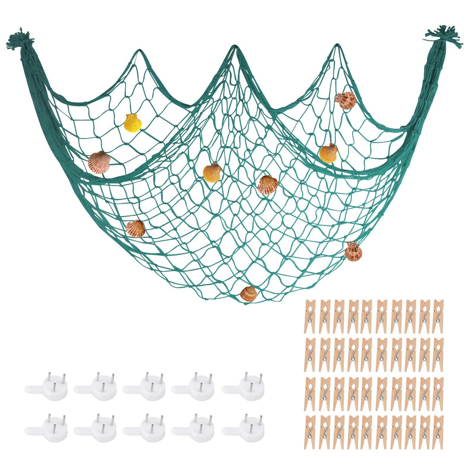 80x40 Inch Decorative Fishing Net w/Shells & Clips, 3mm Thickness Aqua Natural Cotton Large Photo Hanging Fishnet, Wall Party Decorations for Nautical