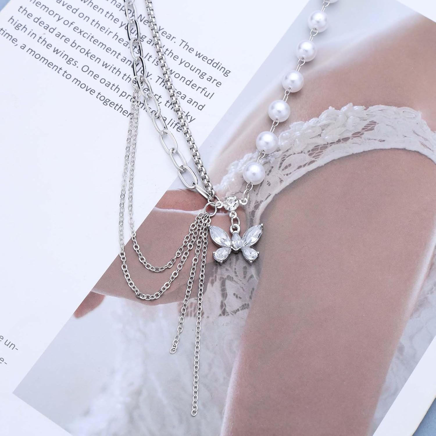 Vintage Layered Crystal Butterfly Choker Necklace Silver Pearl Butterfly Y Drop Necklace Cz Butterfly Tassel Chain Necklace Long Chain Y Lariat Necklace Jewelry for Women - Image 4