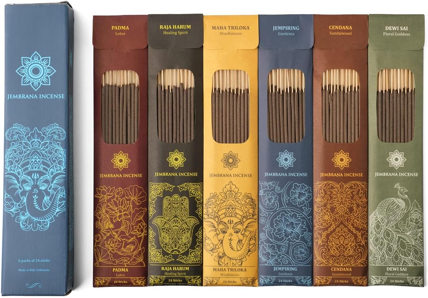 Bali Soap Jembrana Incense Sticks - Variety Pack 6 Scents (144 Sticks Total, 24 Sticks Each) of Lotus (Padma), Sandalwood, Gardenia, Maha Triloka, Raja Harum & Dewi Sai (Amber)
