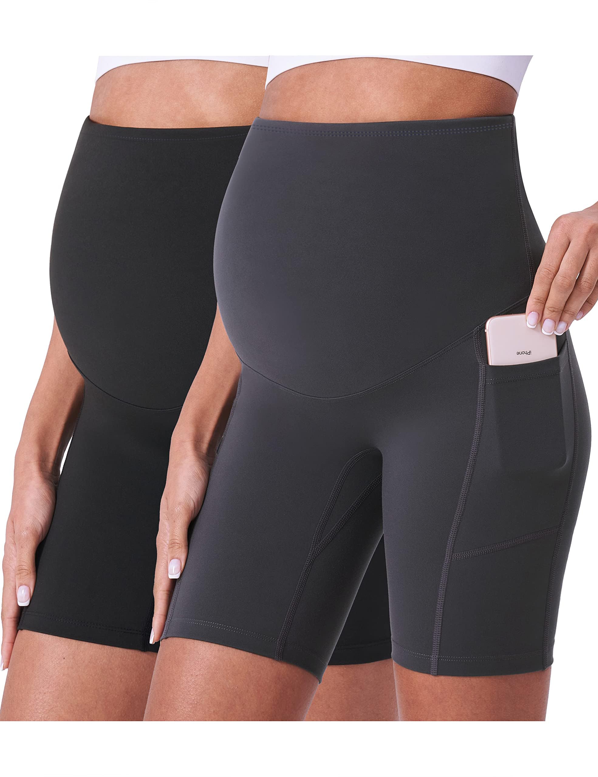 POSHDIVAH Women's Maternity Shorts Over The Belly Biker Yoga Active Pregnancy Workout Short Pants with Pockets 8"