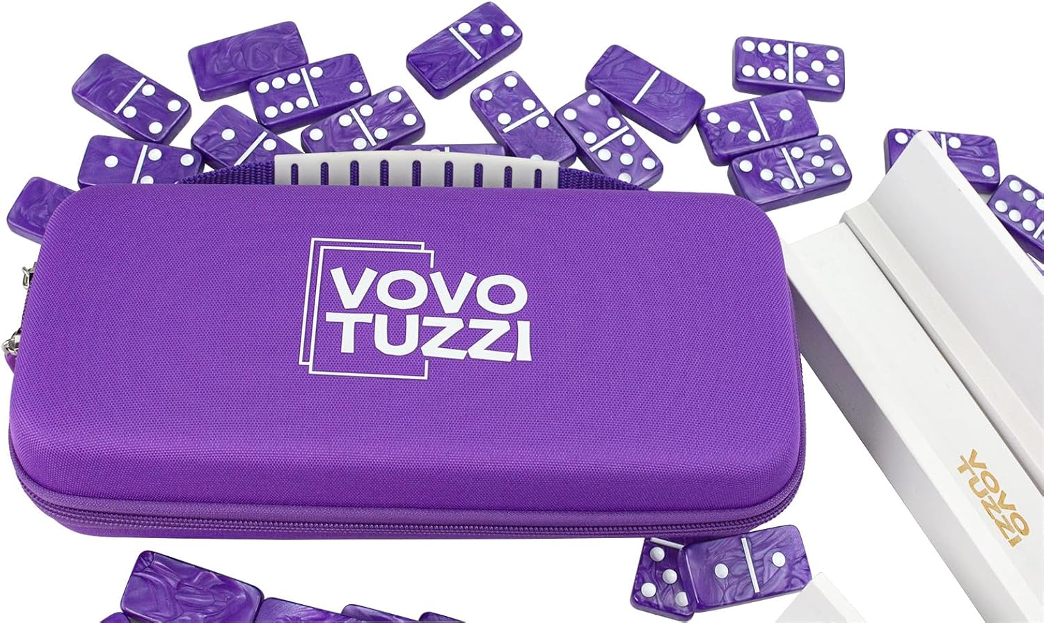 Dominos Set for Adults, Double 6 Dominoes Set with 4 Domino Wooden Racks, Marble Purple Dominos for Kids and Adults with Portable Travel Case, Classic Board Games for Family