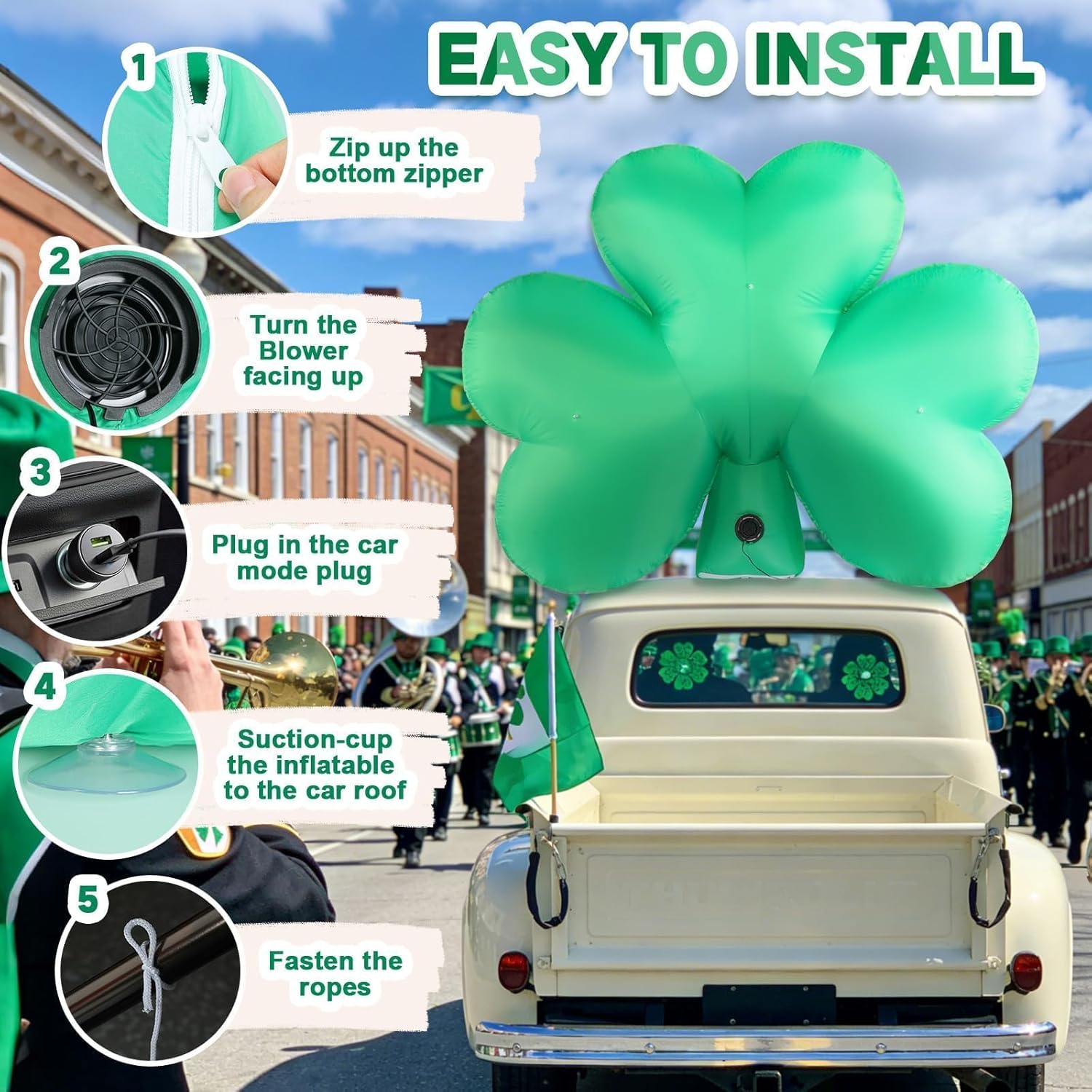 St Patricks Day Inflatables Decorations Outdoor 5FT St. Patrick's Blow Up Shamrock Car Roof Inflatable Yard Decoration with LED Lights Green Lucky Irish Holiday Decor for Lawn Garden Vehicle