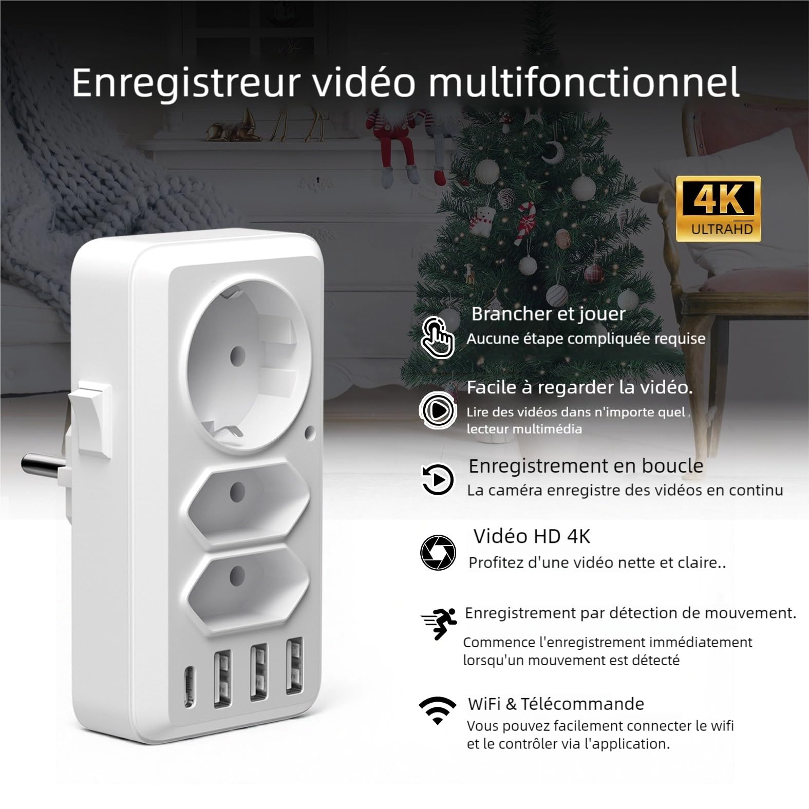Enchufe multifuncional WiFi cámara. Lente 4K UHD Visualización remota a través de la aplicación, Almacenamiento en tarjeta SD. Toma eléctrica ideal para interiores o viajes (sin audio)