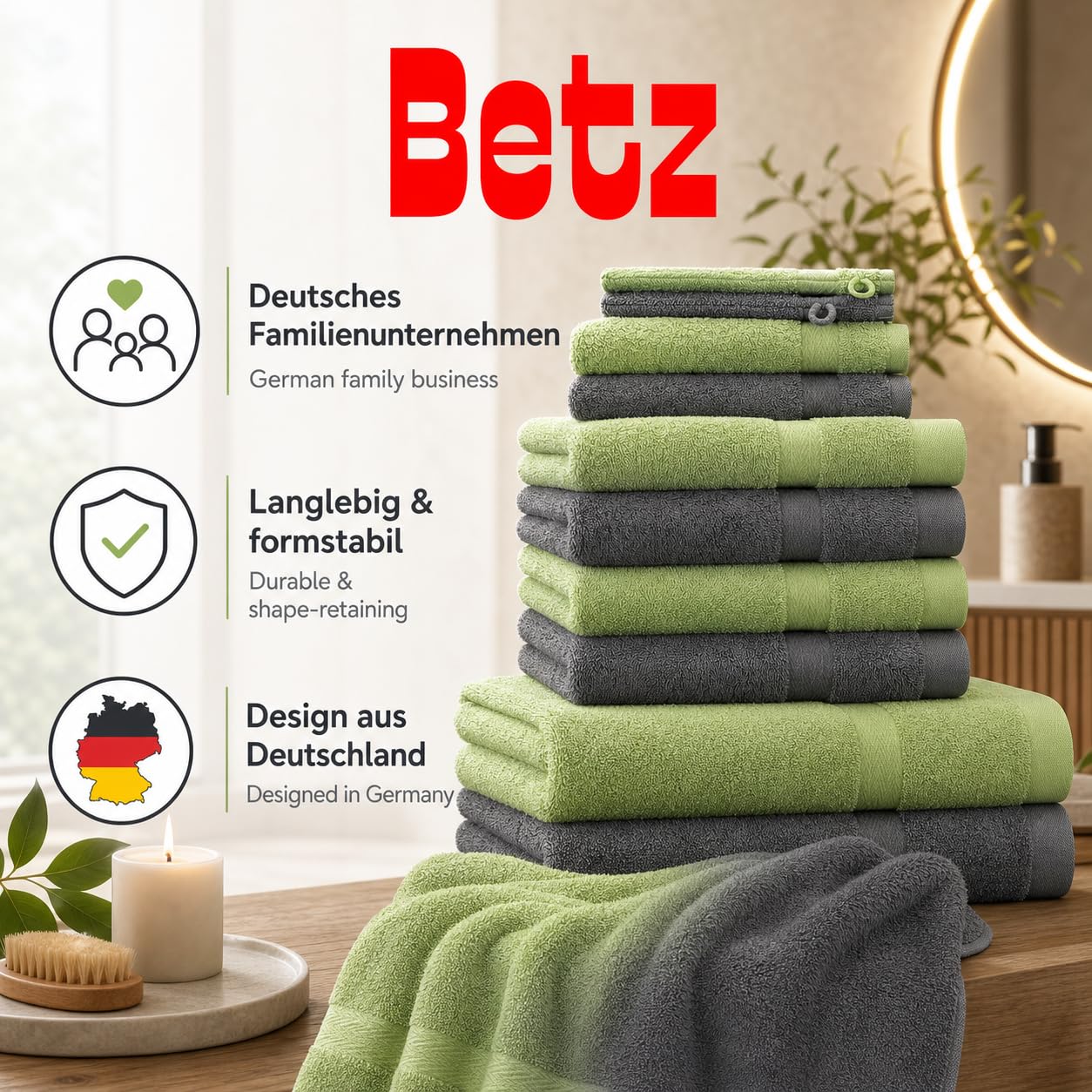 Betz Juego de 10 Toallas Premium 100% algodón 2 Toallas de baño 4 Toallas de Lavabo 4 Toallas de tocador 2 Manoplas de baño Color Verde Manzana y Gris Antracita