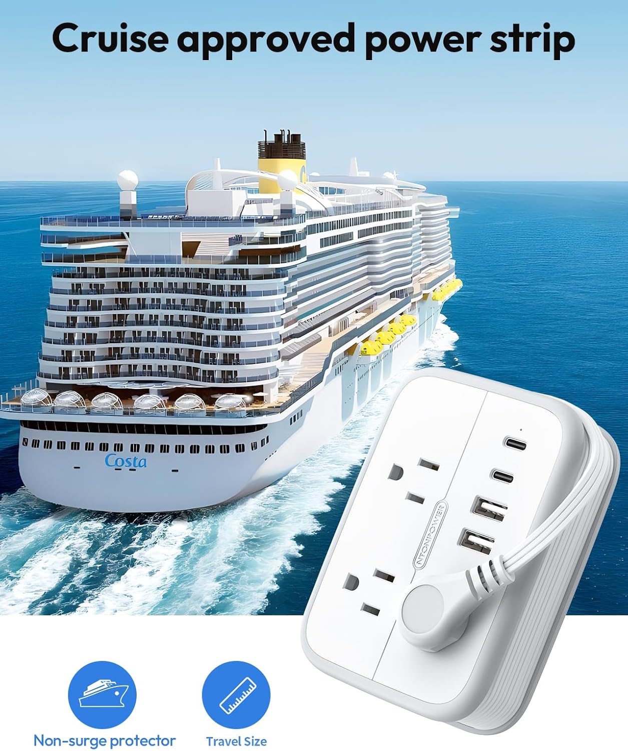 NTONPOWER Travel Power Strip, Flat Plug Power Strip with 6 Outlets 4 USB Ports(2 USB C), 4ft Extension Cord Wrapped Around for Cruise Ship, Travel, Hotel, Cruise Essentials