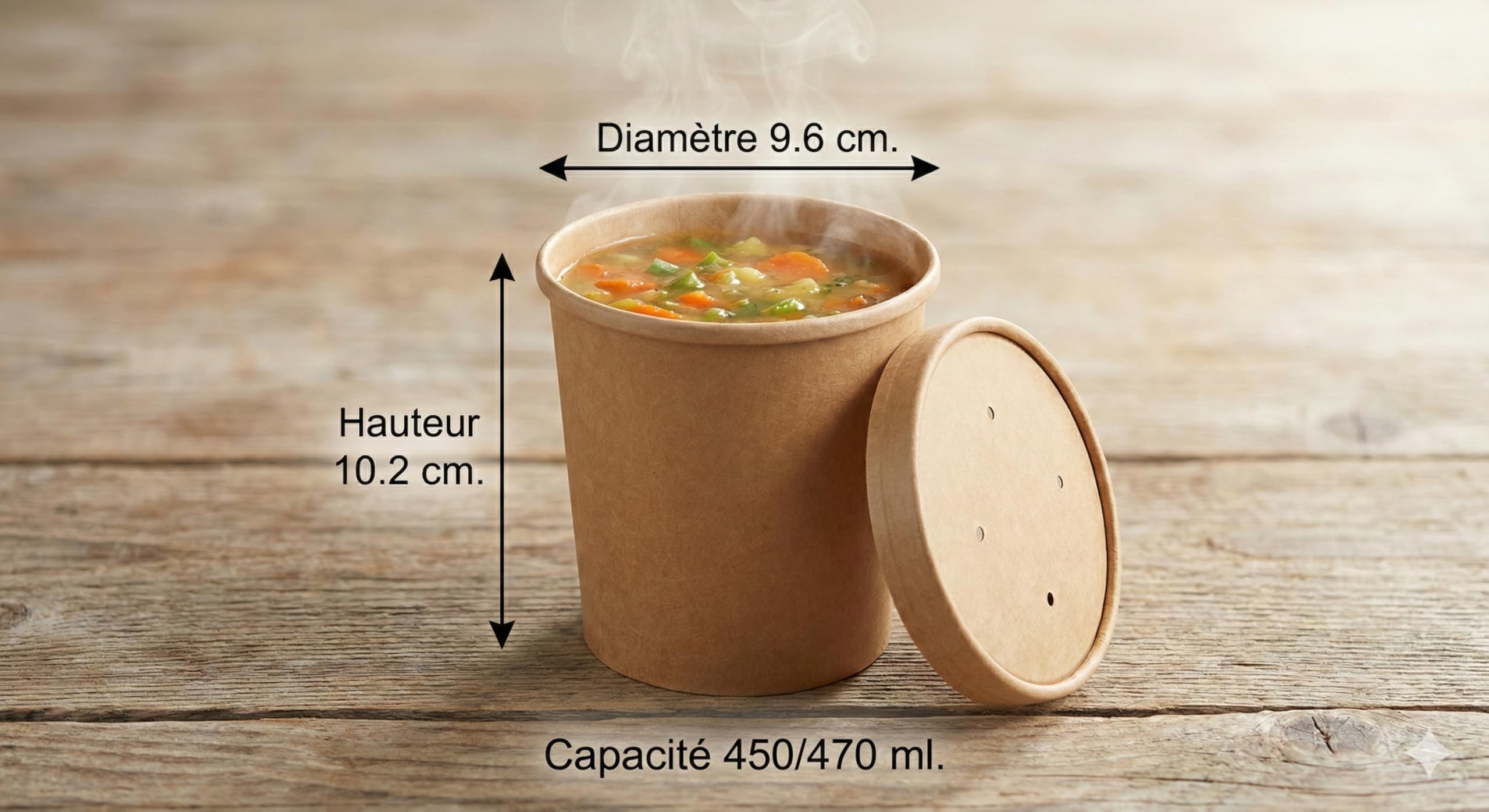 Générique Lot de 100 Pots à Soupe en Carton Kraft + Couvercles - 450 ml (16 oz) - Bol Alimentaire Format Déjeuner pour Soupes, Pâtes et Plats Chauds - Emballage Jetable Étanche avec Trous de Vapeur