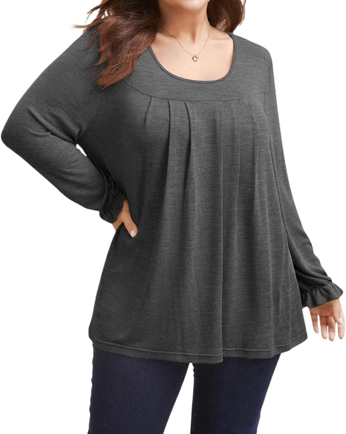 VNIRA Plus Size Long Sleeve T Shirt for Women Oversized Crew Neck Loose Fit Pleated Spring Fall Casual Tunic Top