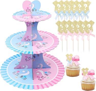 Gender Reveal Decorations Cupcake Stand and 12 Pieces Glitter Gender Reveal Cupcake Toppers Pink and Blue 3-Tier Boy or Girl Theme Cupcake Tower for Baby Shower Supplies Decoration