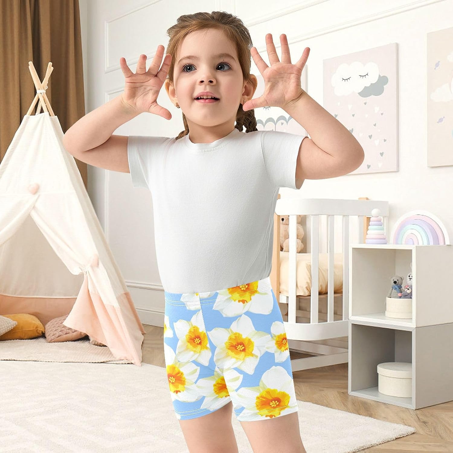 Flower Floral Blue Girls Bike Shorts Toddler Soft Cotton Active Under Dress Shorts