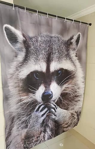 Miniatura 2 de PocaBlife Cortina de ducha de animales grises, lindo mapache comiendo tela impermeable cortina de ducha 12 ganchos acuarela decorativa baño cortina