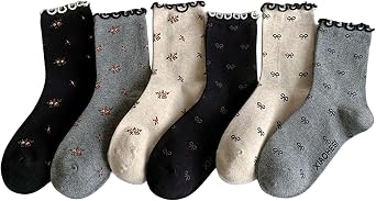 Starella Women Ruffle Frilly Socks Vintage Bow Floral Lettuce Crew Dress Sock for Pumps Shoes 6 Pairs