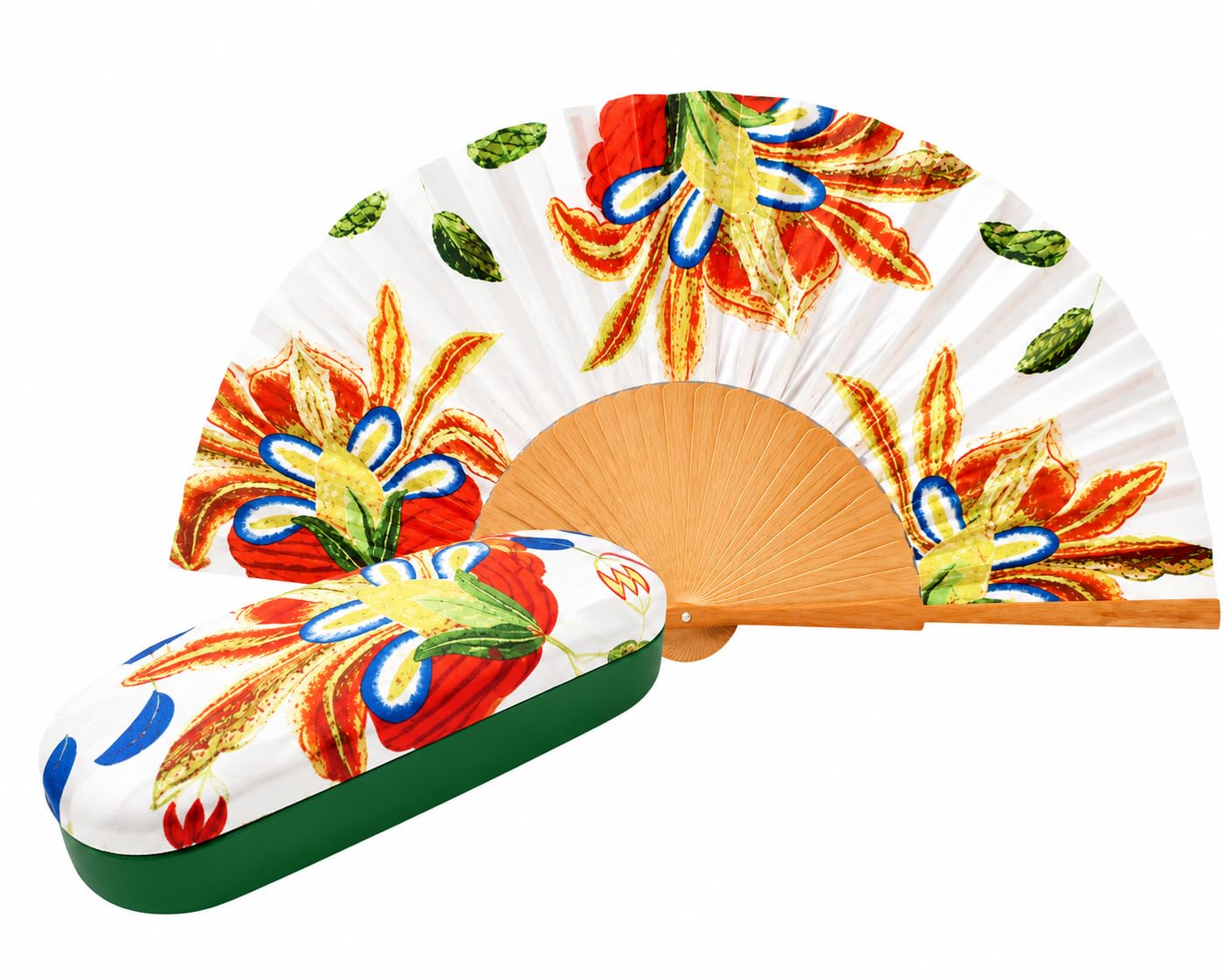 Handfächer & Brillenetui Set Anna, Blumen Muster, Geschenkset Frauen | Faltbarer Handfächer mit Holzgestell und passendes Hartschalen-Brillenetui im Blumen Design – als Muttertagsgeschenk