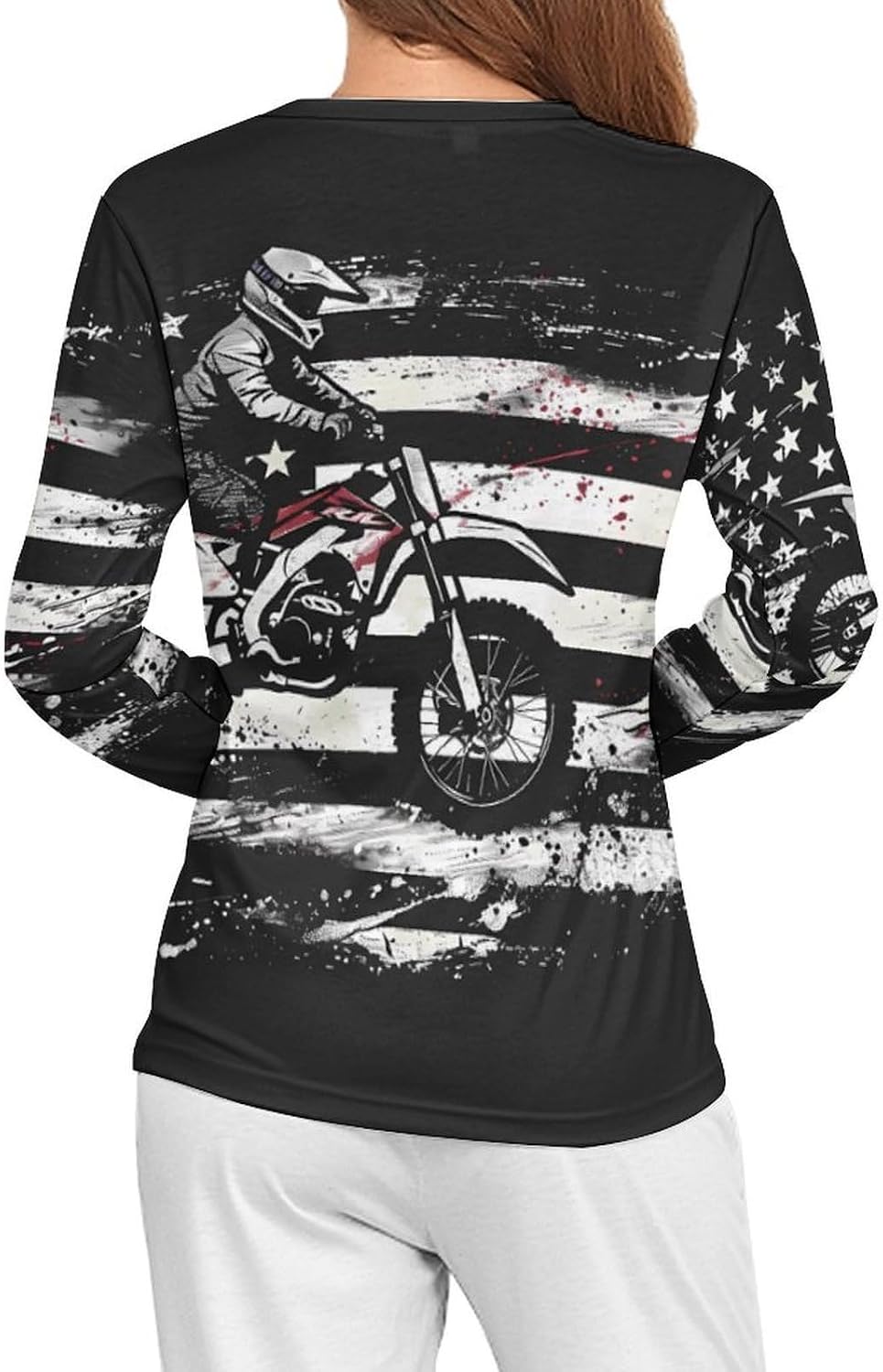 American Flag Dirt Bike Black White Women's Pajama Top Sleepwear Pajamas Sleep T-Shirt Long Sleeve Shirt Crewneck Tee
