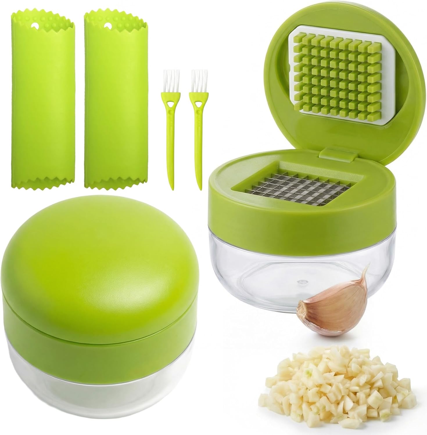 2 Sets, 3-in-1 Stainless Steel Garlic Press and Mincer Set​ with Silicone Peeler, Cleaning Brush, and Storage Container, Multi-Purpose Food Chopper​ for Easy Garlic​ Preparation