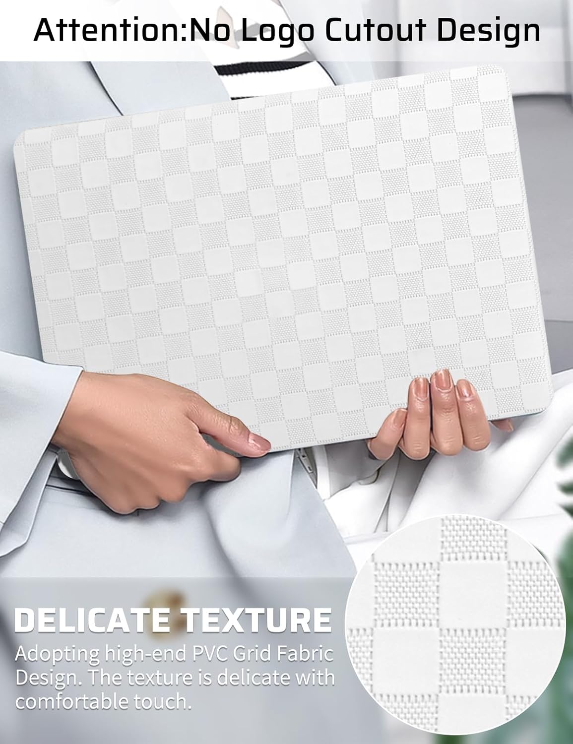 Seorsok Compatible with MacBook Air 13 Inch Case2022 2021 2020 2019 2018 Release A1932 A2179 M1 A2337,Elegant Leather Plastic Hard Shell Case Transparent Keyboard Cover,White PVC Grid No Logo Cutout