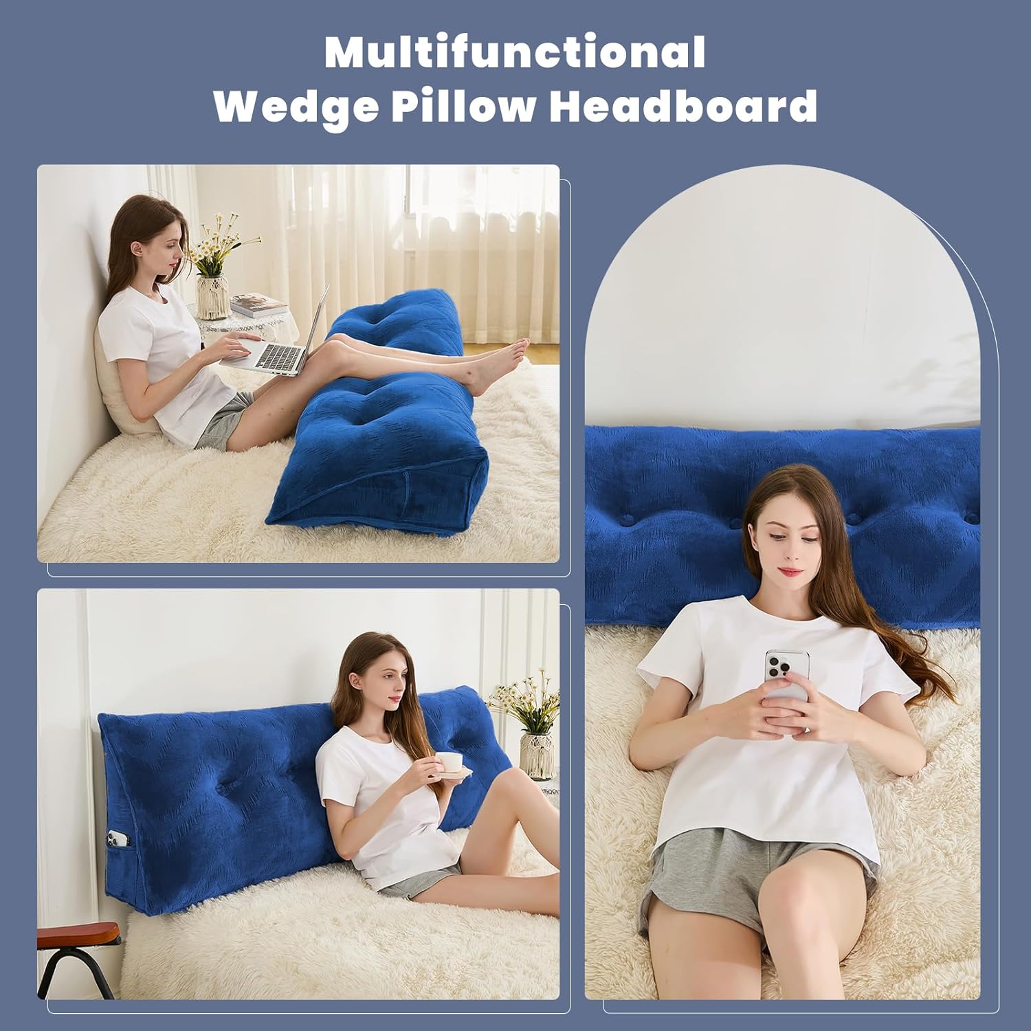 Zelladorra Headboard Pillow for Bed,Triangular Wedge Pillow Headboard Soft Support While Reading and Resting,Bed Bolster Cushion Headboard with Removable Cover,Navy, King (76"x8"x20")