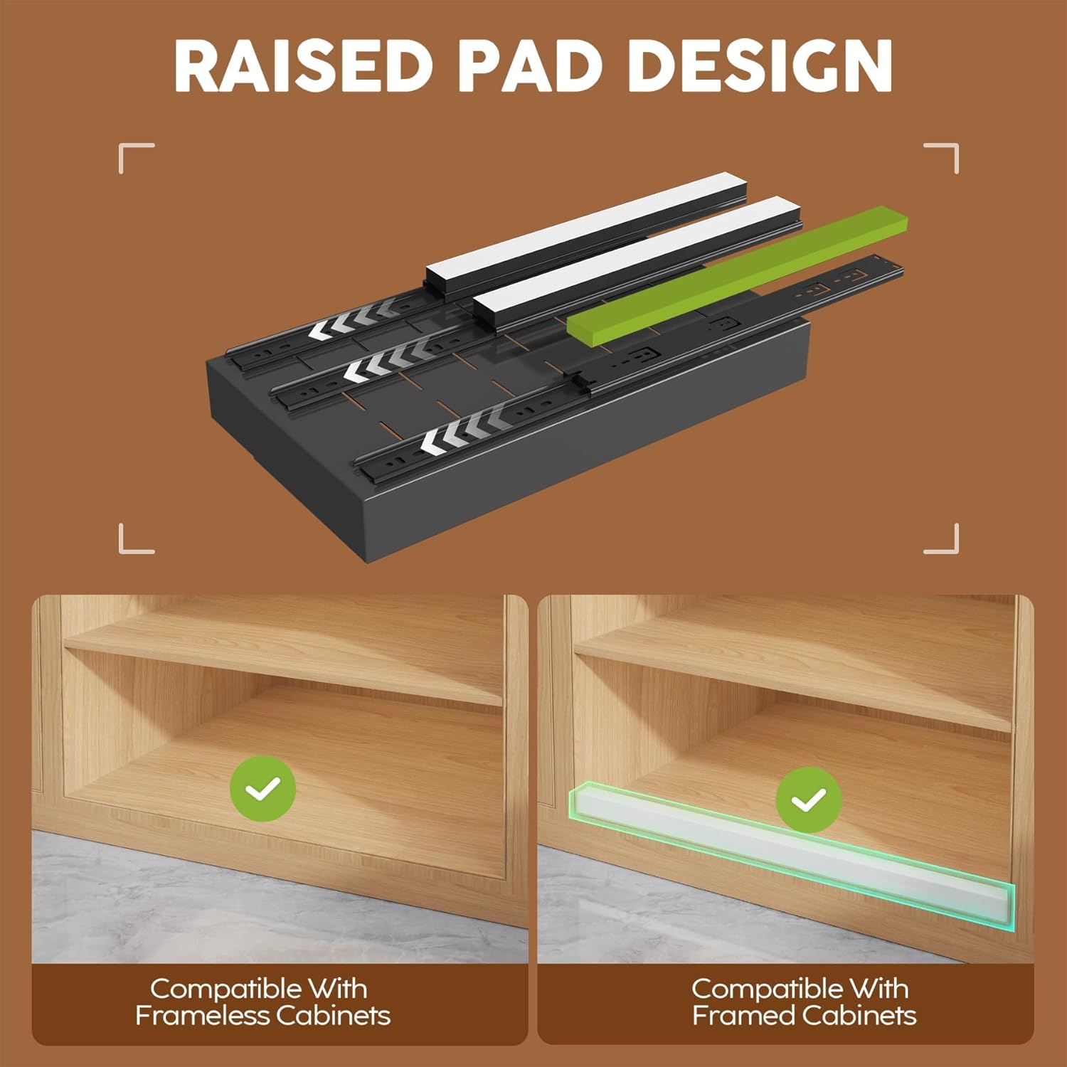 2 Pack Expandable (9"-14") Pull Out Cabinet Organizer 21" Deep With Raising Pad for Framed Cabinets,Upgrade 3 Slide Rails Slide Out Drawers,No Drill Roll Out Shelves Adhesive,Black