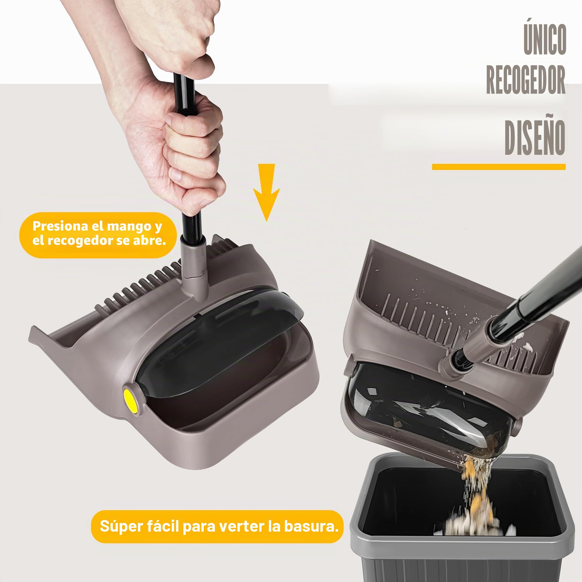 JEHONN Escoba y Recogedor Plegable 138CM, Giratoria 180 Grados, Eliminador de Polvo, Cocina Oficina (Marrón)