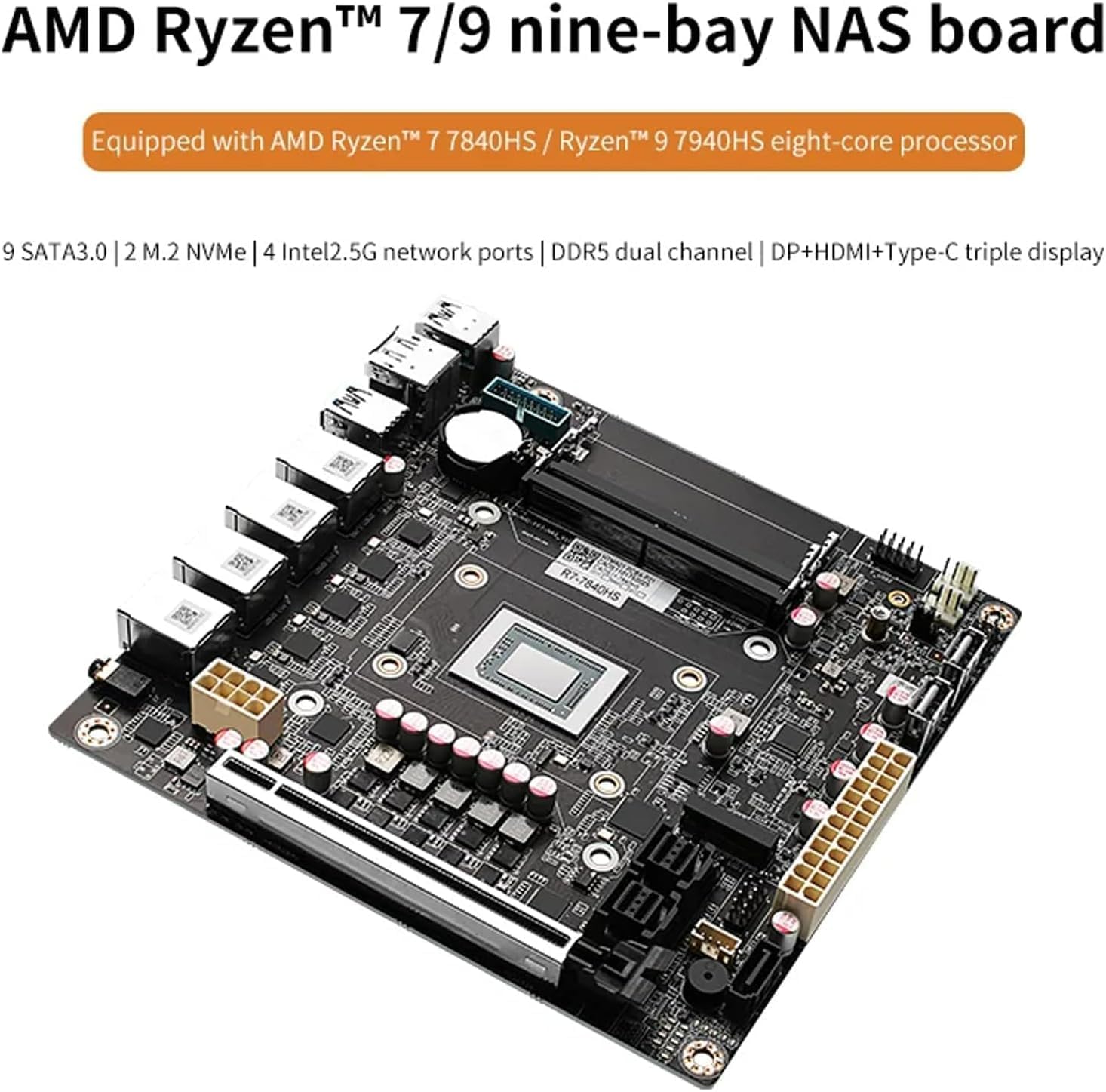 NAS Motherboard AMD Ryzen 7 8845HS, Firewall VPN Router DIY, 4 Port i226-V 2.5GbE LAN, 2xDDR5, 2*M.2 NVMe PCIE X16, 9*SATA3.0, HDMI2.0 DP USB4 Type-C, ITX 17x17CM.+2×SFF8643 to 4 * SATA Data Cable