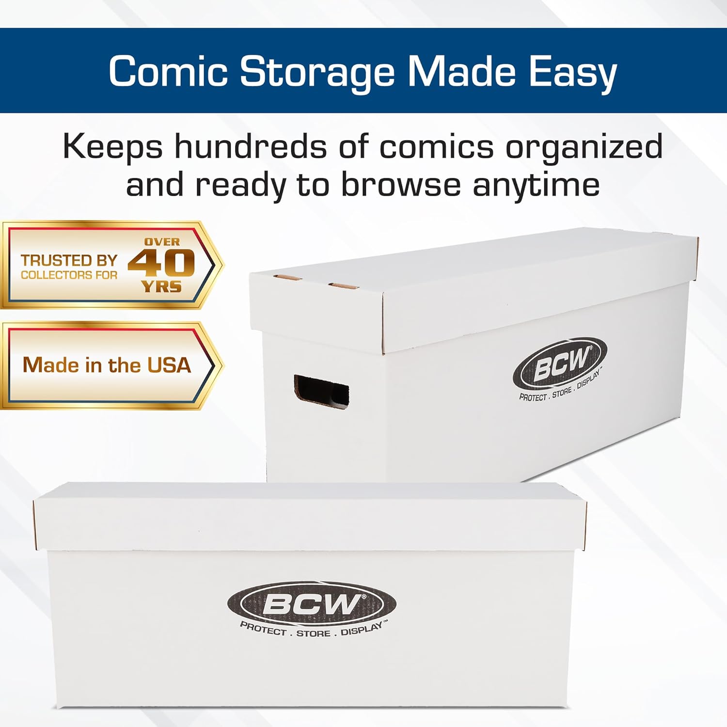 BCW Long Comic Storage Box - 2 ct | Holds 250–300 Current & Silver Age Comics | Sturdy 200 lb. for Cardboard Comic Book | Stackable Comic Storage Box for Collectors