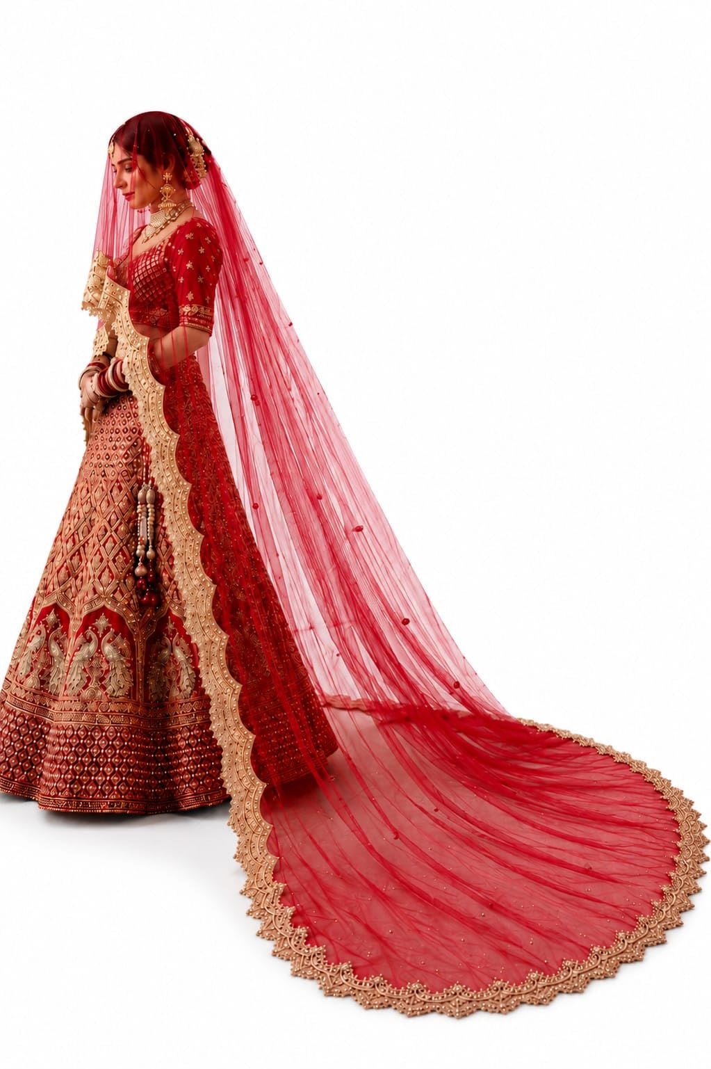 Red Bridal Dupatta for Women | 2.5 Meter Long Soft Net Bridal Veil | Wedding Reception Transparent Net Dupatta with Golden Lace Border-image-6