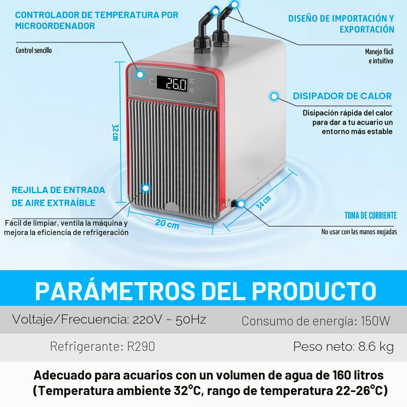 Enfriador Acuario de 160L, Enfriador de Acuario Adecuado para Peceras, Plantas Acuáticas, Medusas, Plantas Acuáticas de Agua Dulce/Salada, con Bomba, Manguera y Anillo de Fijación