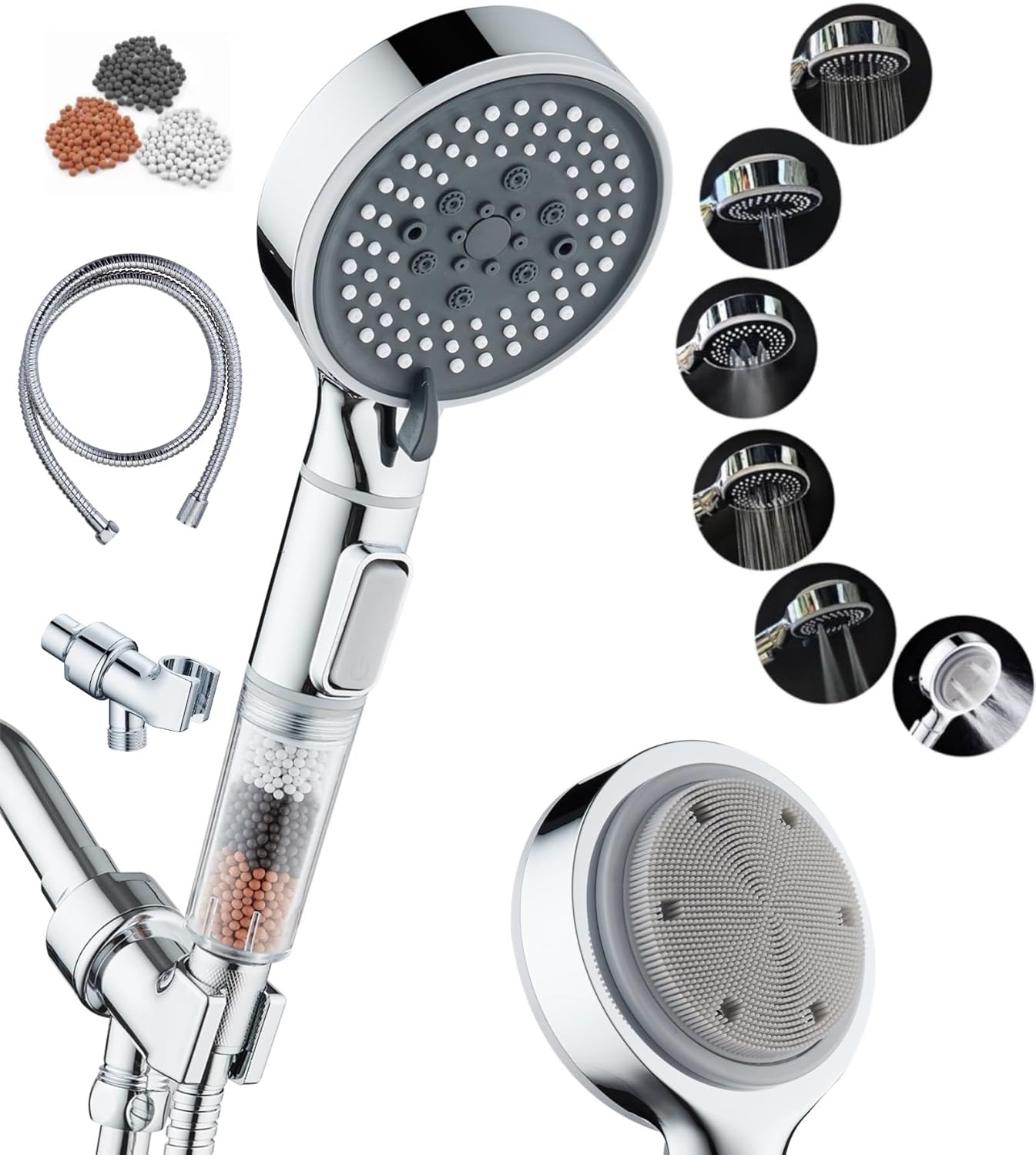 Socila Filtered Handheld Shower Head Button On/Off Select High Pressure 6 Spray Mode, Back Massager, Reduces Dry Itchy Skin Chlorine And Fluoride Heavy Metals, With Hose & Bracket