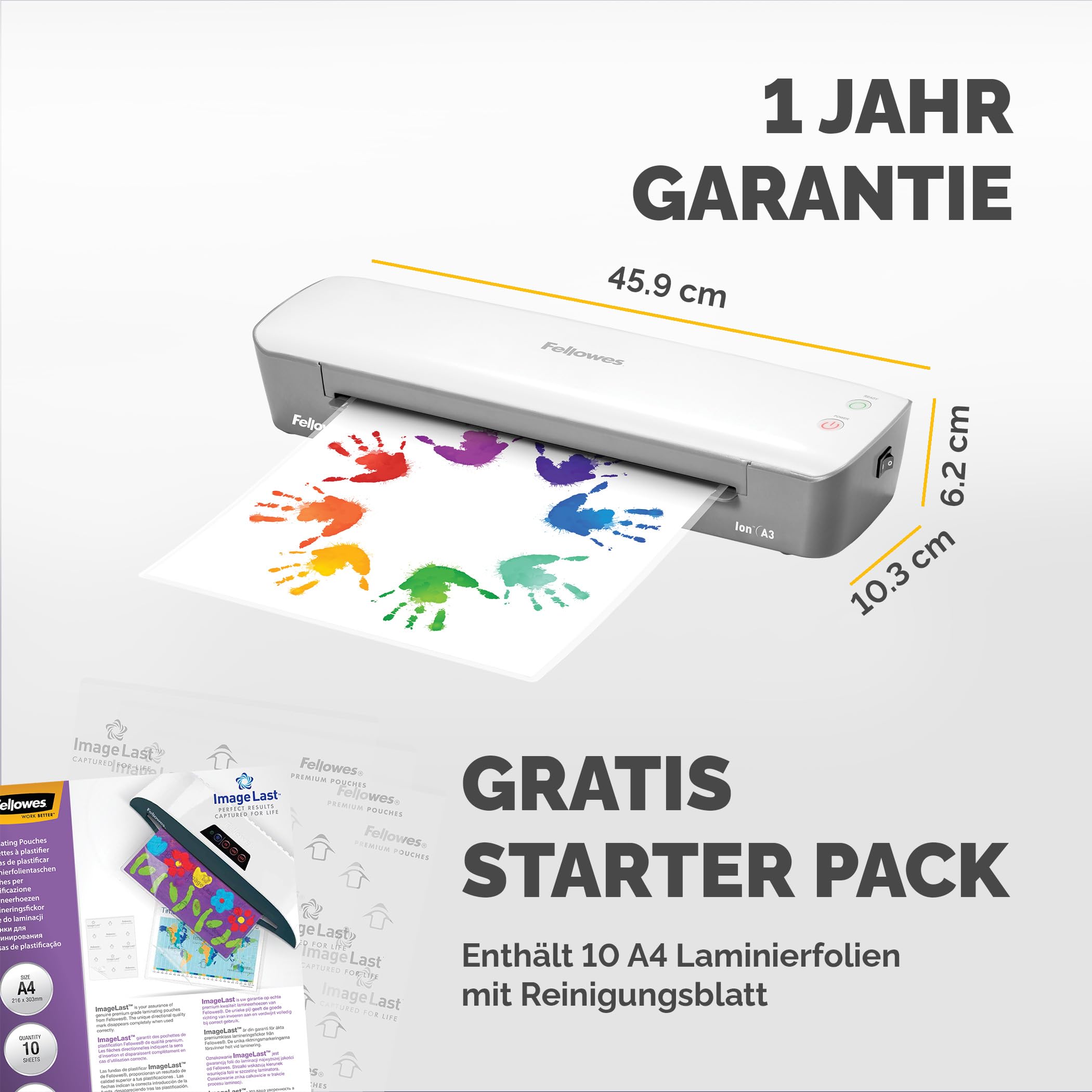 Fellowes Laminiergerät Ion A3 für Büro, Home Office - Heißlaminierfolien bis 125 Mikron Stärke - inkl. 10 Laminierfolien A4