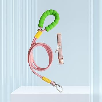 5ft Pink Hands Free Dog Leash & Premium Adjustable Collar Set - Bungee Waist/Crossbody Leash with Safety Lock, Rose Gold Buckle, Smart ID Ring - Durable Nylon & Twill for Small to Mediu Dogs