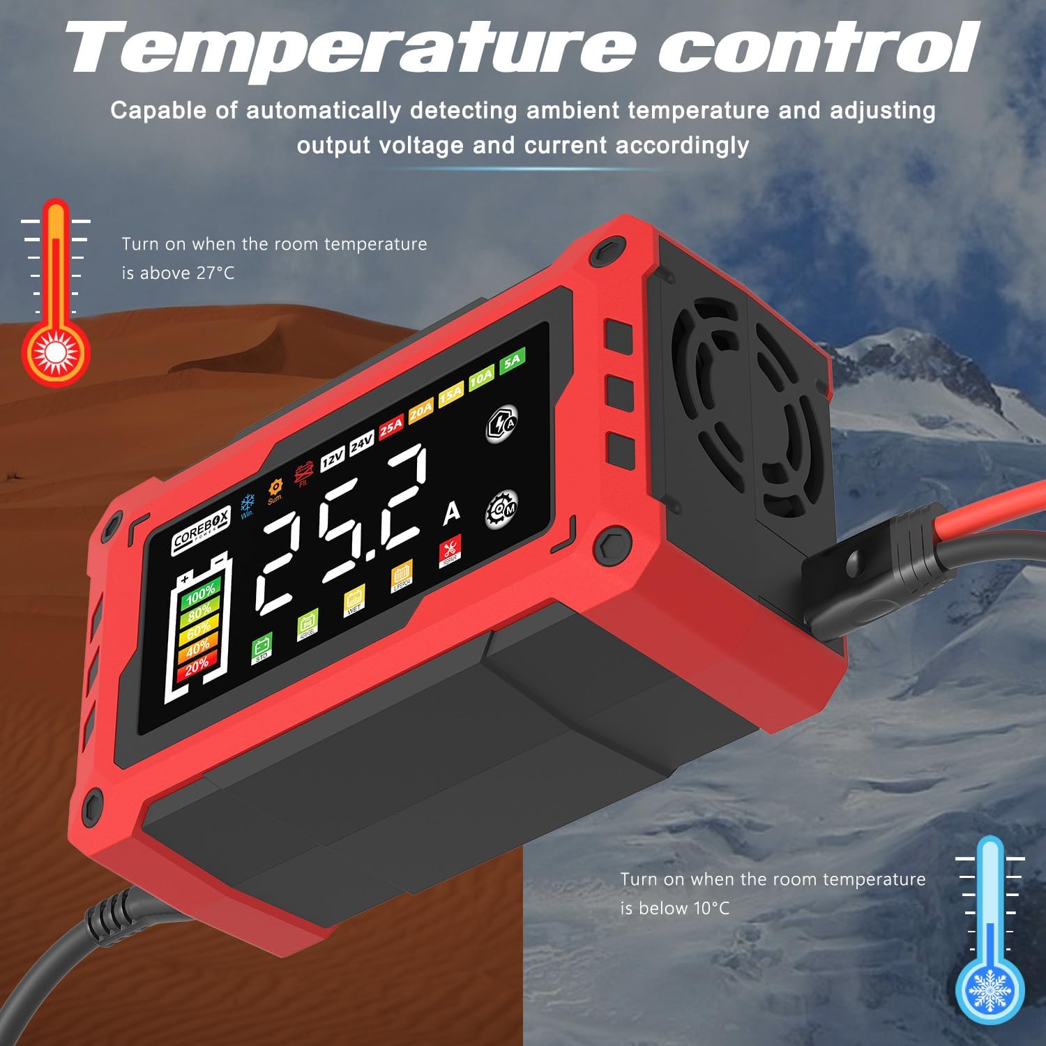 Battery Charger 25-Amp 12V/24V Automatic Smart Battery Trickle Charger, Battery Maintainer Desulfator with Temperature Compensation for Car Truck Motorcycle Lawn Mower Marine