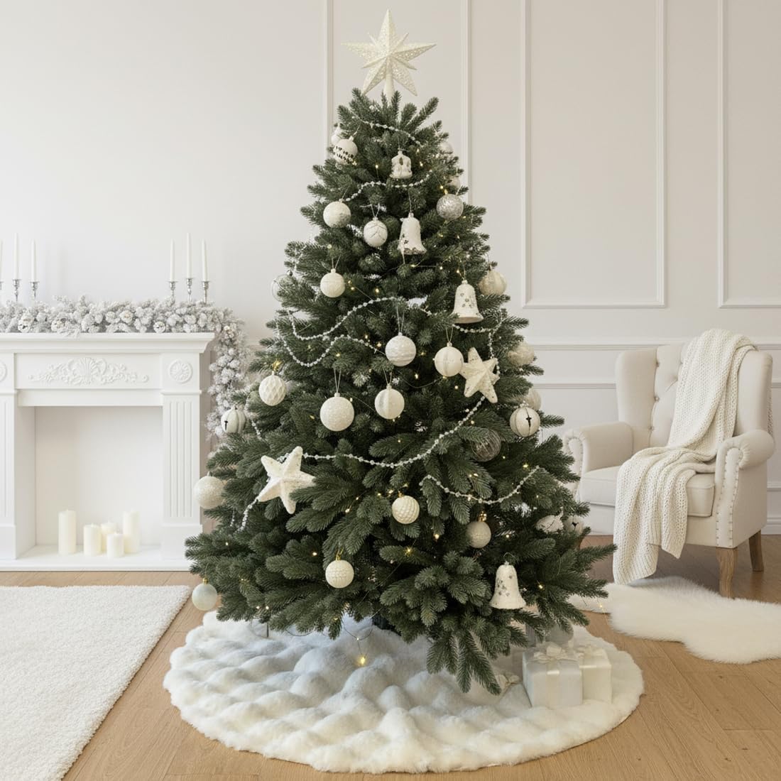48 inch White Christmas Tree Skirt Large Tree Skirts, Snow White Faux Fur Tree Skirt for 6ft Christmas Tree, Xmas Tree Skirts Christmas Decorations(48 inches)