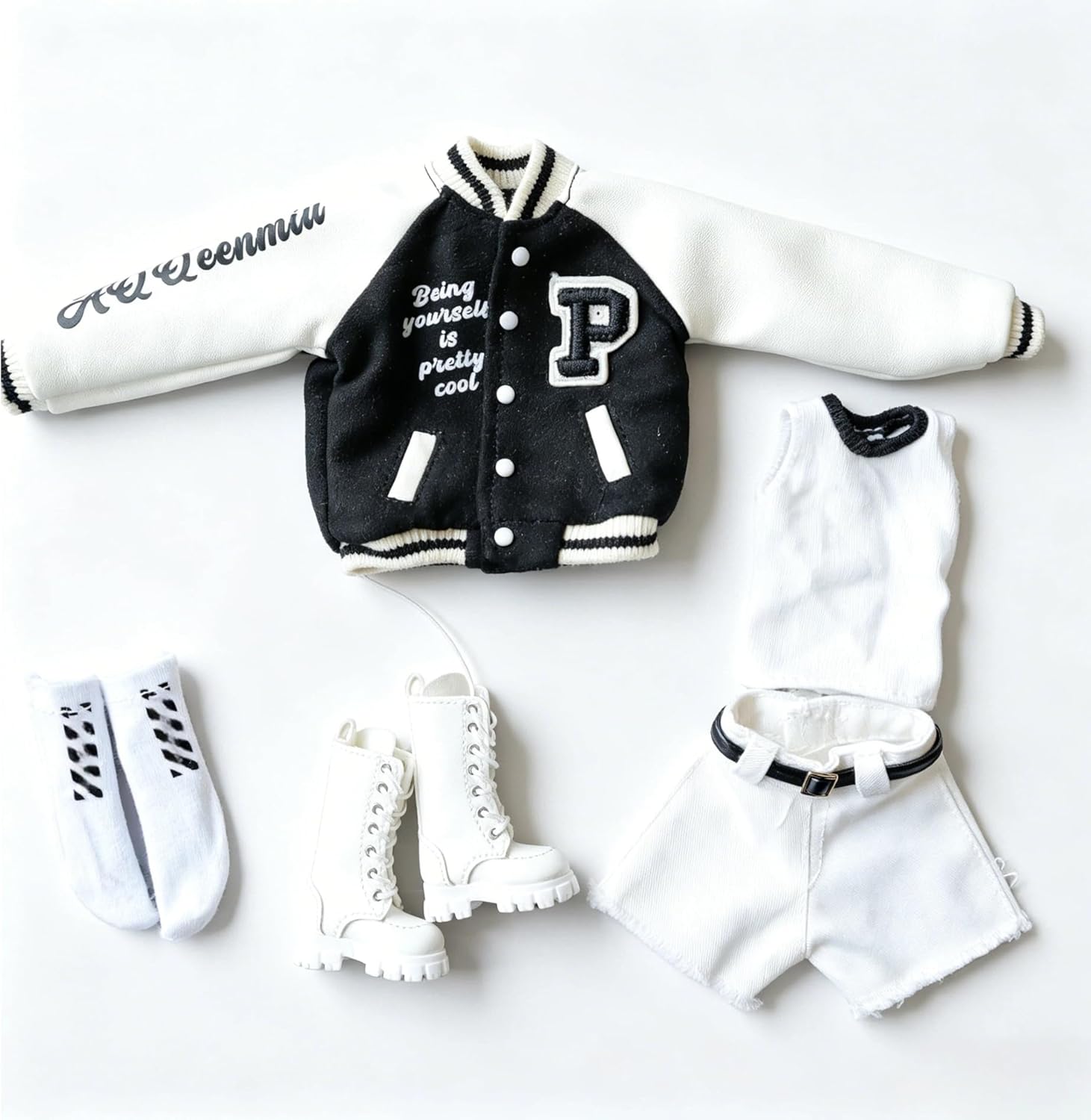 1/6 Scale Varsity Jacket Outfit Set for 12 Inch Fashion Dolls, Retro American Style, (Retro American Varsity Style Jeans Set)