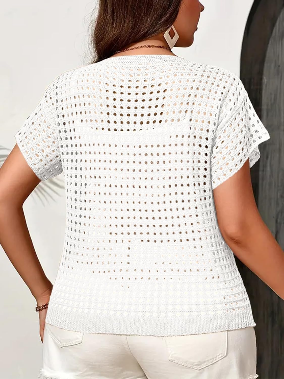 Women's Crochet Shrug Short Sleeve Tie Front Cardigan Open Knit Lightweight Bolero Sweater Summer Cover Up