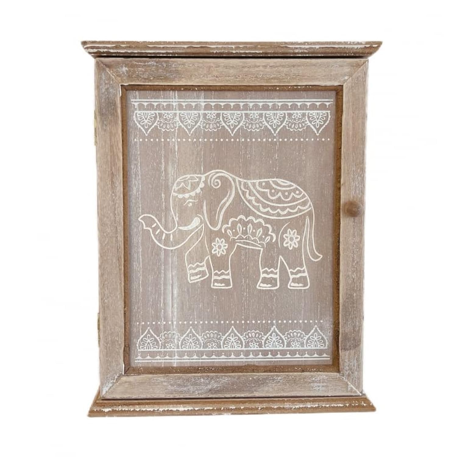 Caja Guardallaves de Madera Decorada Estilo Nórdico con 6 Colgadores de Pared - Elefante