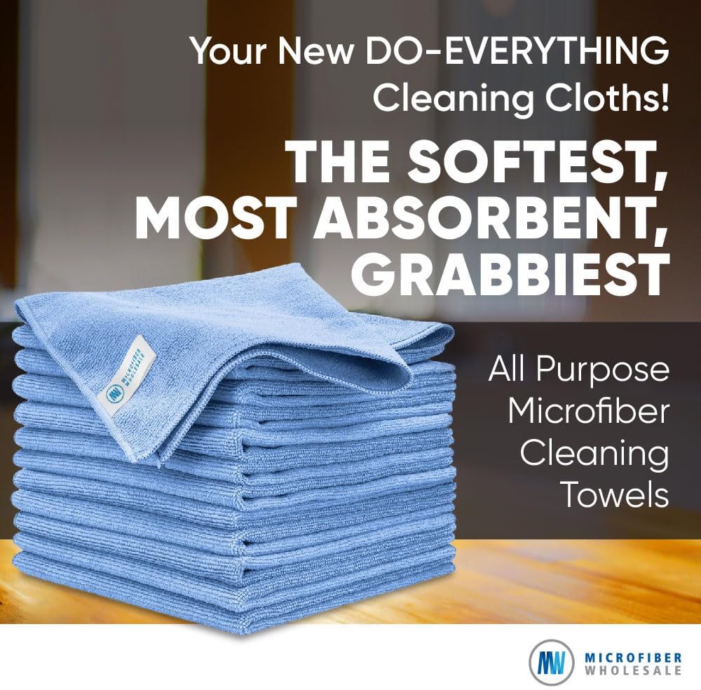 MW Pro Multi-Surface Microfiber Towel – 12 Pack | Premium Cleaning Cloth | Clean, Buff, Dust, Polish, Absorb | Large 16"x16" (Blue)