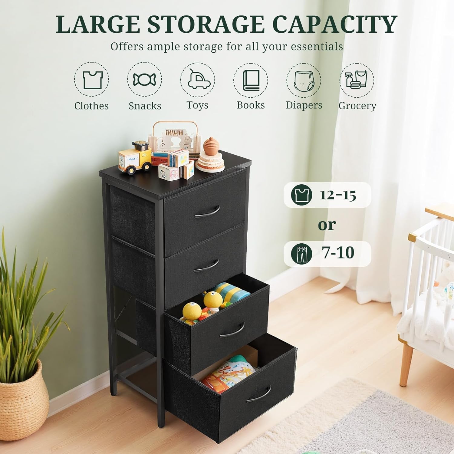 Nightstand, 4 Drawer Dresser End Table Bedside Furniture with Wooden Top Steel Frame Fabric Bins for Bedroom, Closet, Entryway, Dorm, Living Room, Black