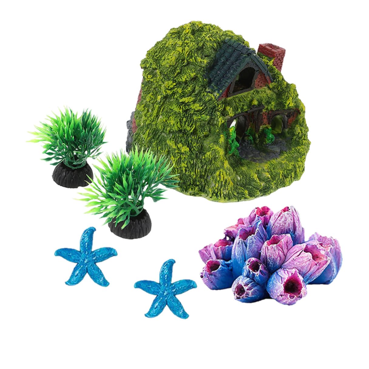 Resin Aquarium Hide Cave Set 6pcs with Double-Layer Hobbit House and Coral Decorations for Fish Tank Reptile and