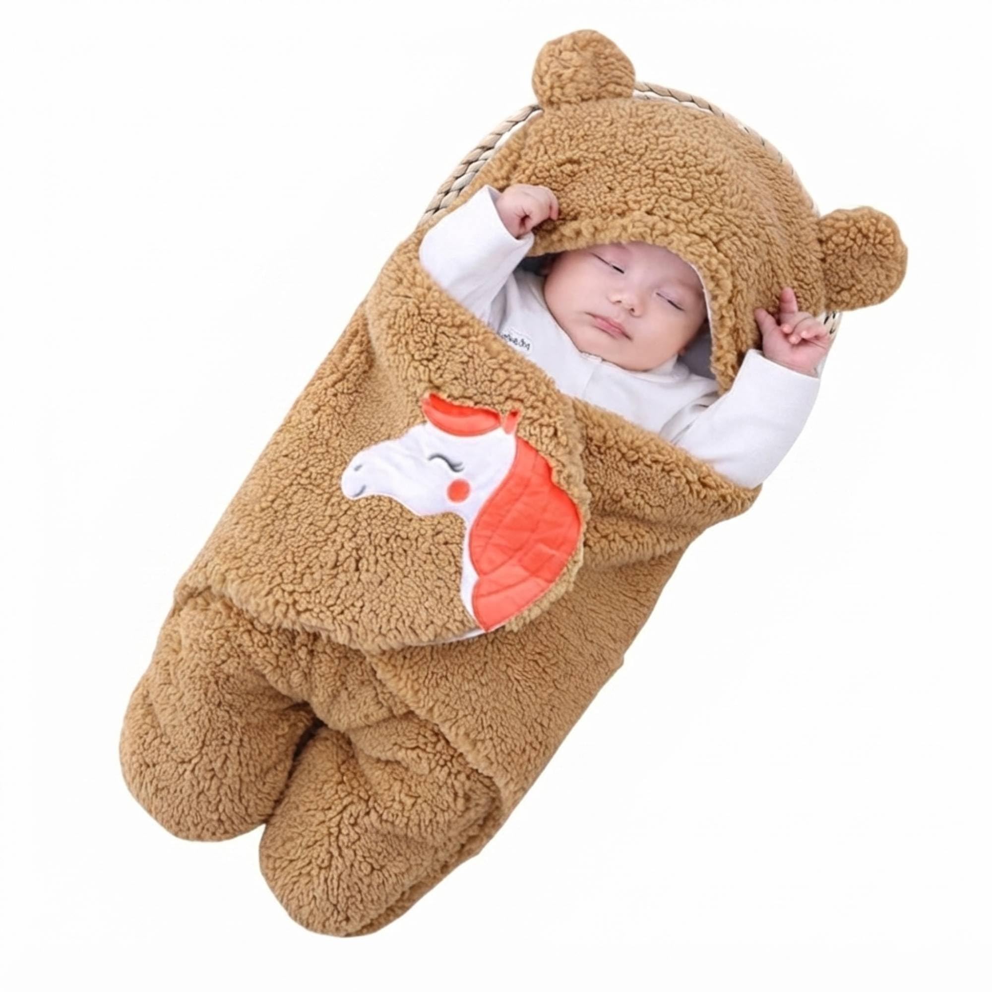 VESY Baby Sleep Sack Swaddle Blanket, Newborn Fleece Wearable Blanket with Hood & Bear Ears, Cute Horse Embroidery Infant Stroller Wrap for Boys and Girls, Soft Winter Pram Blanket-image-21