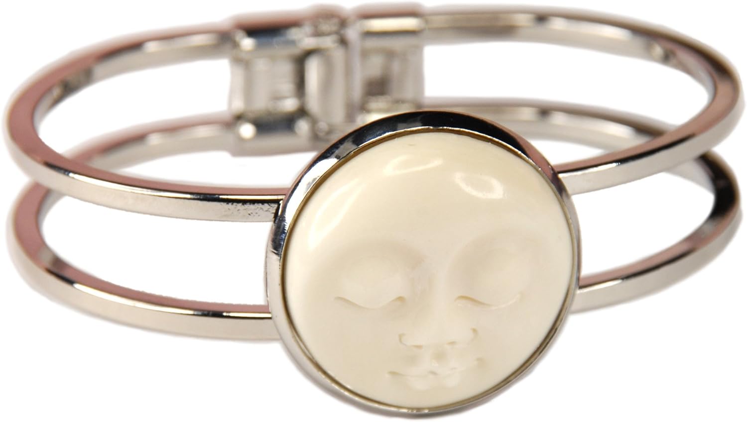 RARE Serene Bali Moon Face Hand Carved Bone Hinged Bangle + GIFT BAG