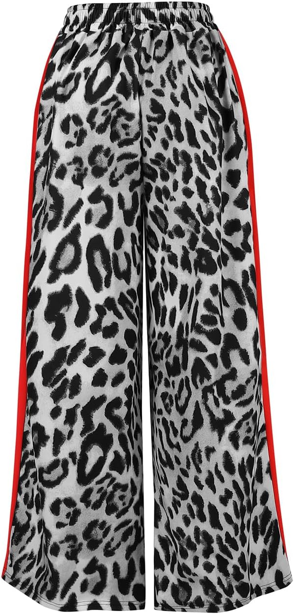 Women's Casual Pants Drawstring Leopard Print Color Block Side Striped Straight Leg Wide Leg Loose Pants thumbnail