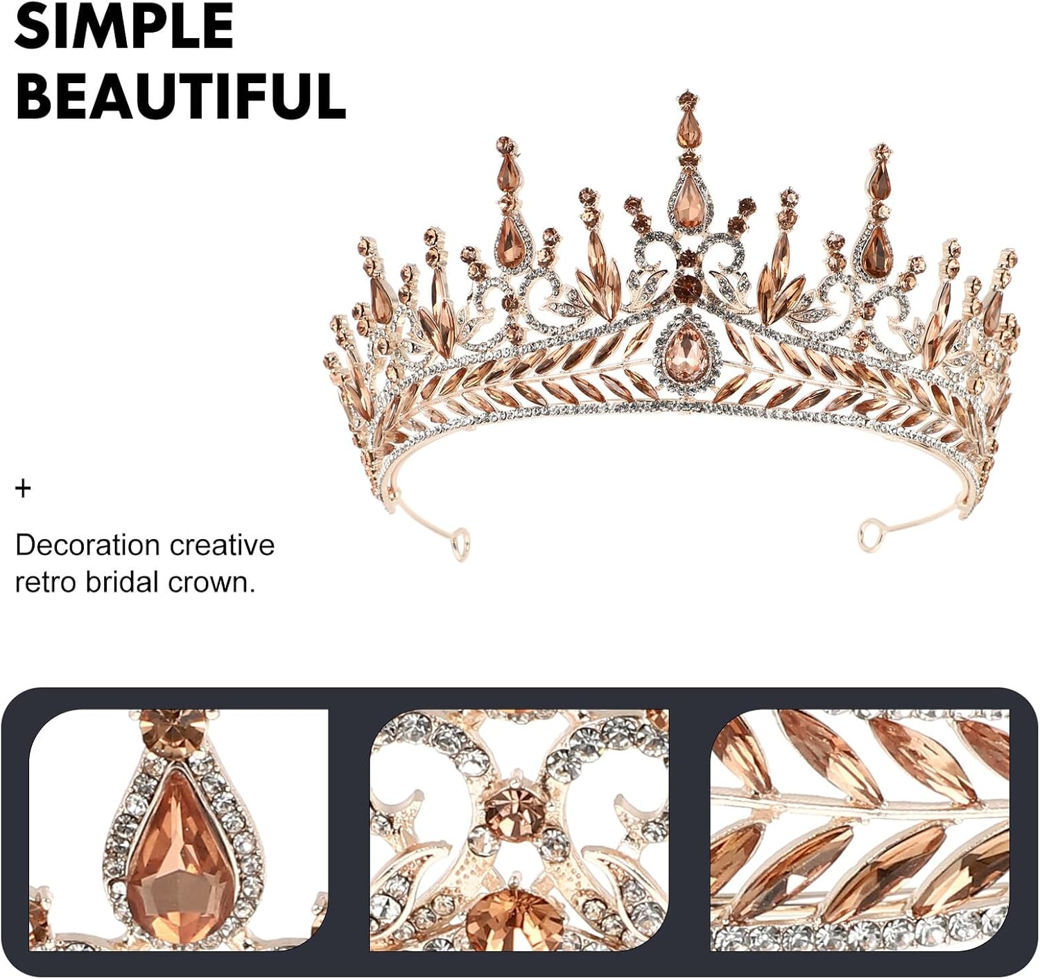 Healifty Baroque Bridal Tiara Crown with Rhinestones, Rose Gold Alloy Bride Headpiece for Wedding and Party, Vintage Style Crown Decor for Women