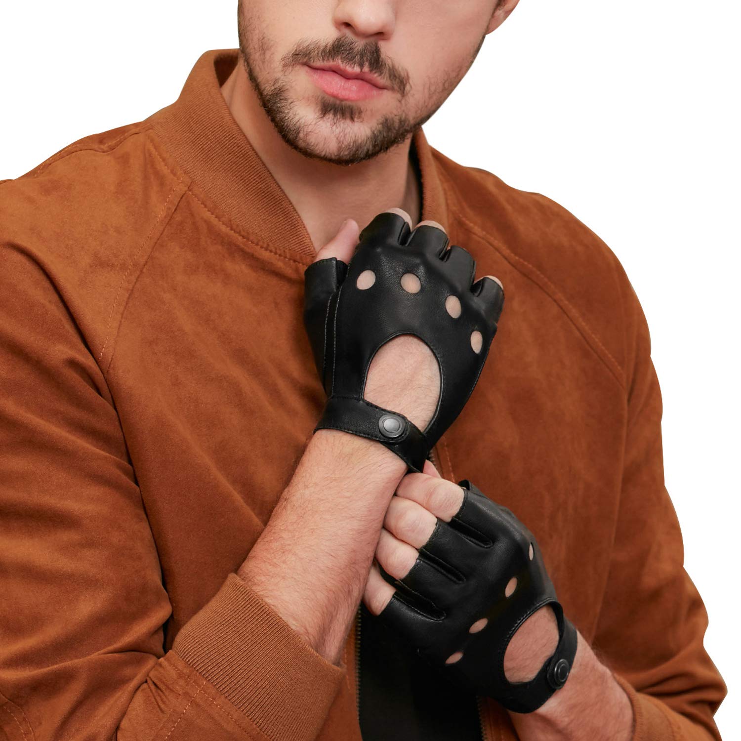 GSG Herren fingerlose Lederhandschuhe für Fahren, Radfahren, Halbfinger, Motorradschutz, schwarz ungefüttert - Schwarz - 10