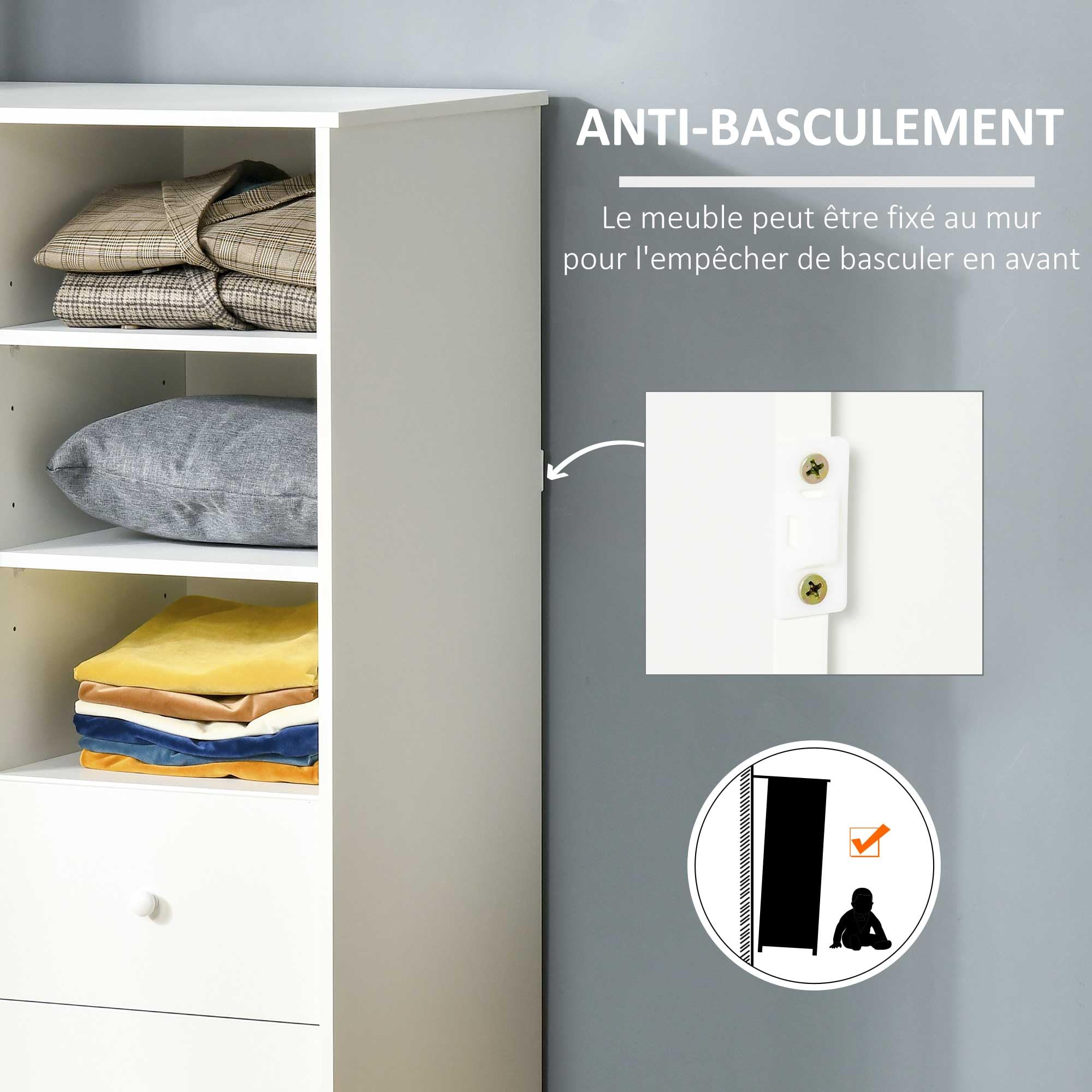HOMCOM Armoire avec Porte 5 Étagères 3 Niches 2 Tiroirs Blanc, Chambre