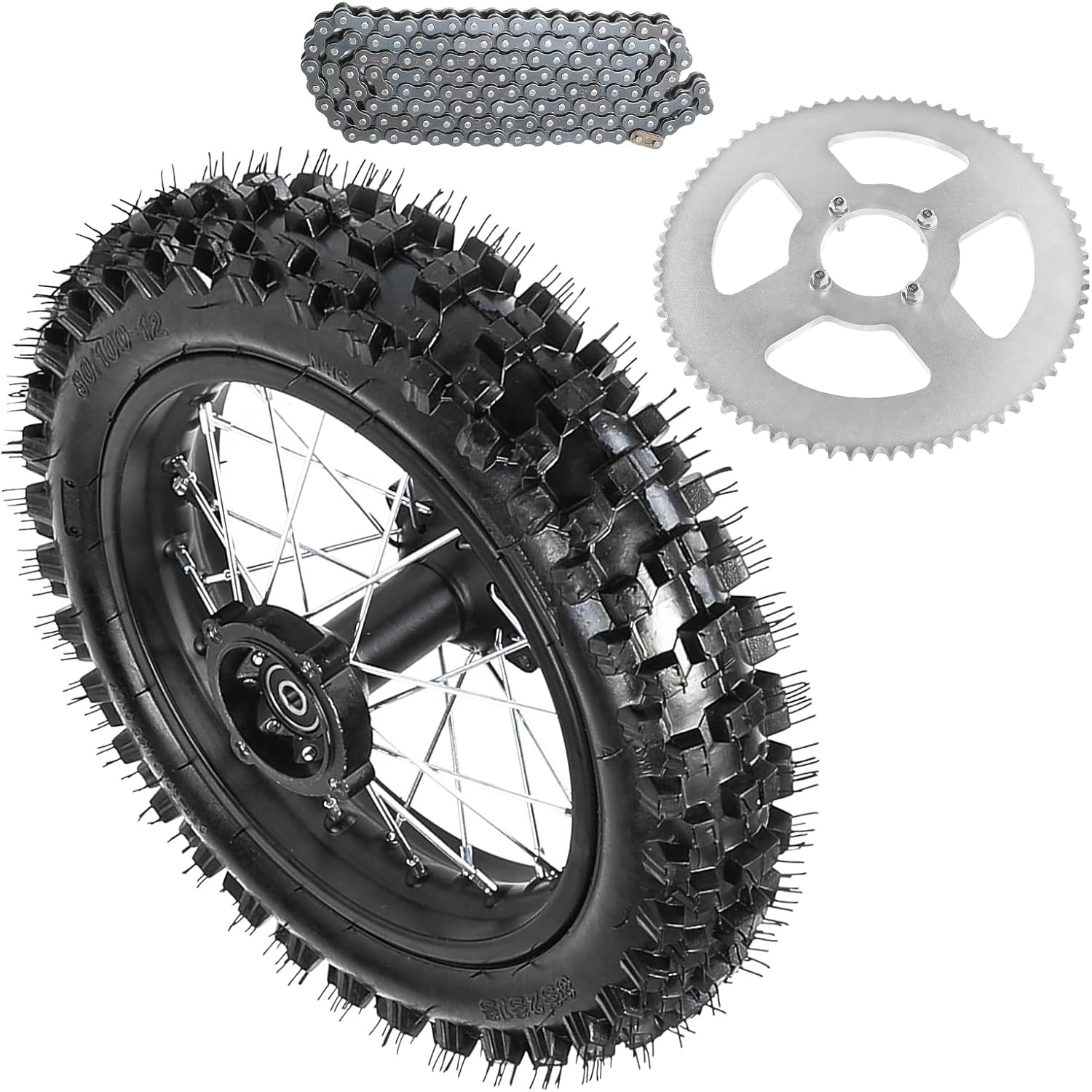 3.00-12 80/100-12" Dirt Bike Rear Rim Wheel Tire & 420 76T Sprocket & Drive Chain for 50cc 110cc 125cc SSR125 TTR110 PW80 CRF70 XR70 KX65 KLX110 RM65 Apollo TaoTao Pit Bike Motorcycle (12mm Bearing)