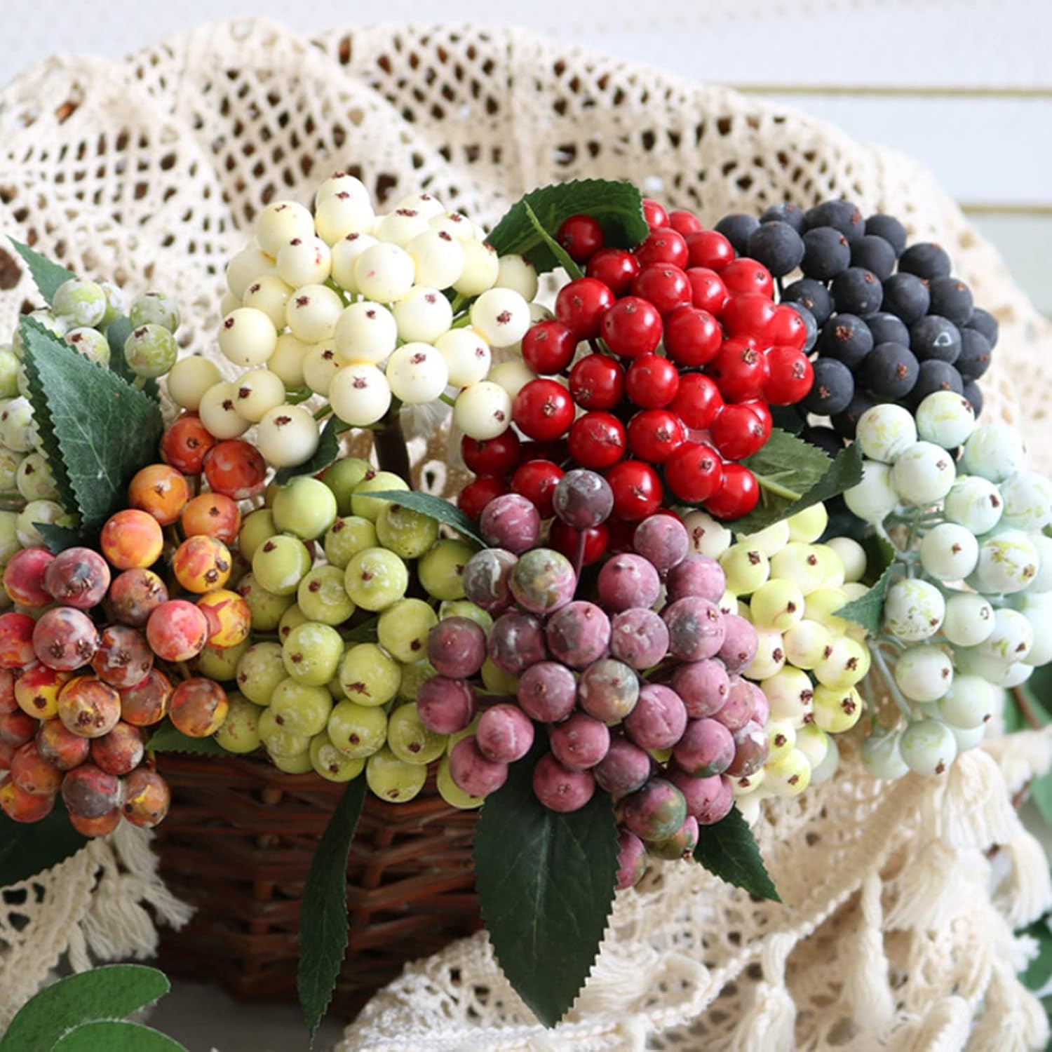 MSUIINT 10 PCS Artificial Berry Branches Floral Berry Fruit Picks, Fake Faux Flowers Floral Picks, Artificial Flower Stems with Leaves for Table Centerpiece Home Vase Decor(Purplish)