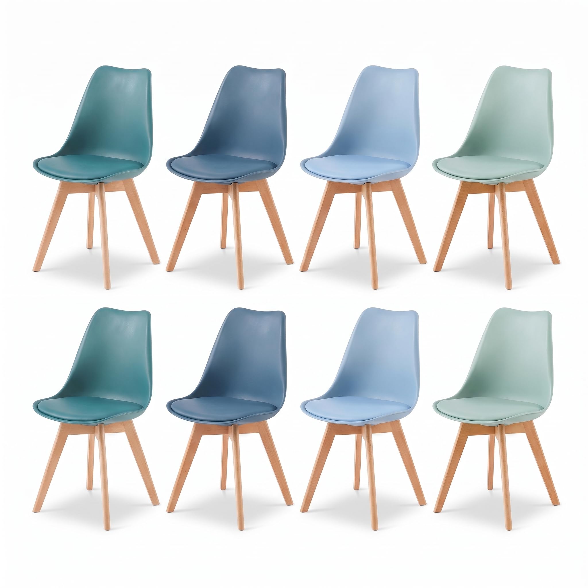 EGGREE Set of 8 Dining Chairs with Ergonomic Plastic Backrest & Beech Wood Legs with Anti-Slip Design, 120KG Capacity Multicolour Retro Chairs (IceCream Green, Light Blue, Light Grey Blue, Turquoise)