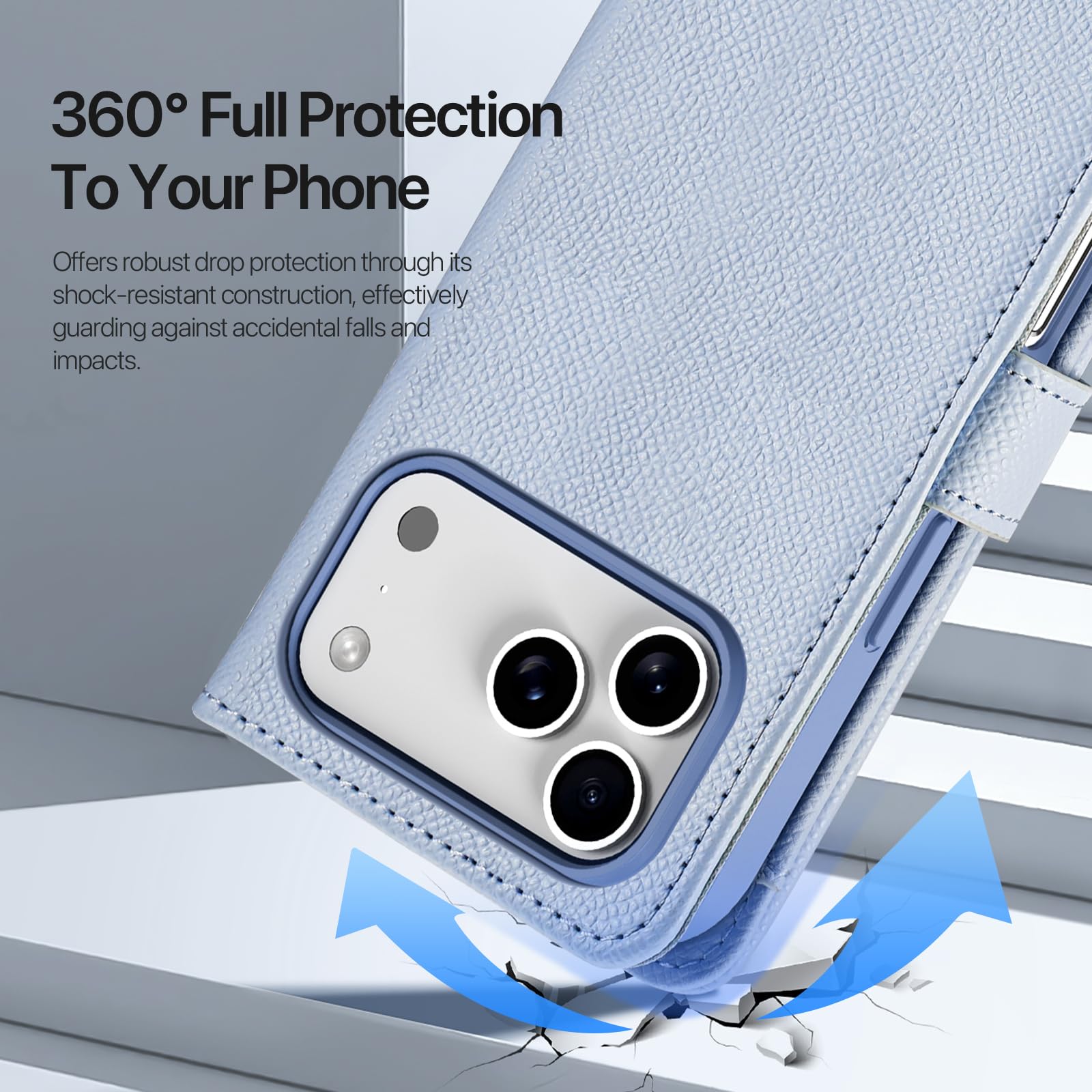 Etui portfelowe na iPhone'a 17, kompatybilne z Magsafe 2 w 1, magnetyczne, zdejmowane etui na karty blokujące RFID, skóra PU, zamek błyskawiczny, etui ochronne z paskiem na nadgarstek, niebieskie