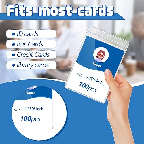 Miniatura 5 de Chuangdi 100 unidades grandes de 4 x 6 pulgadas transparente portatarjetas de identificación con cordón, impermeables, verticales, portatarjetas de