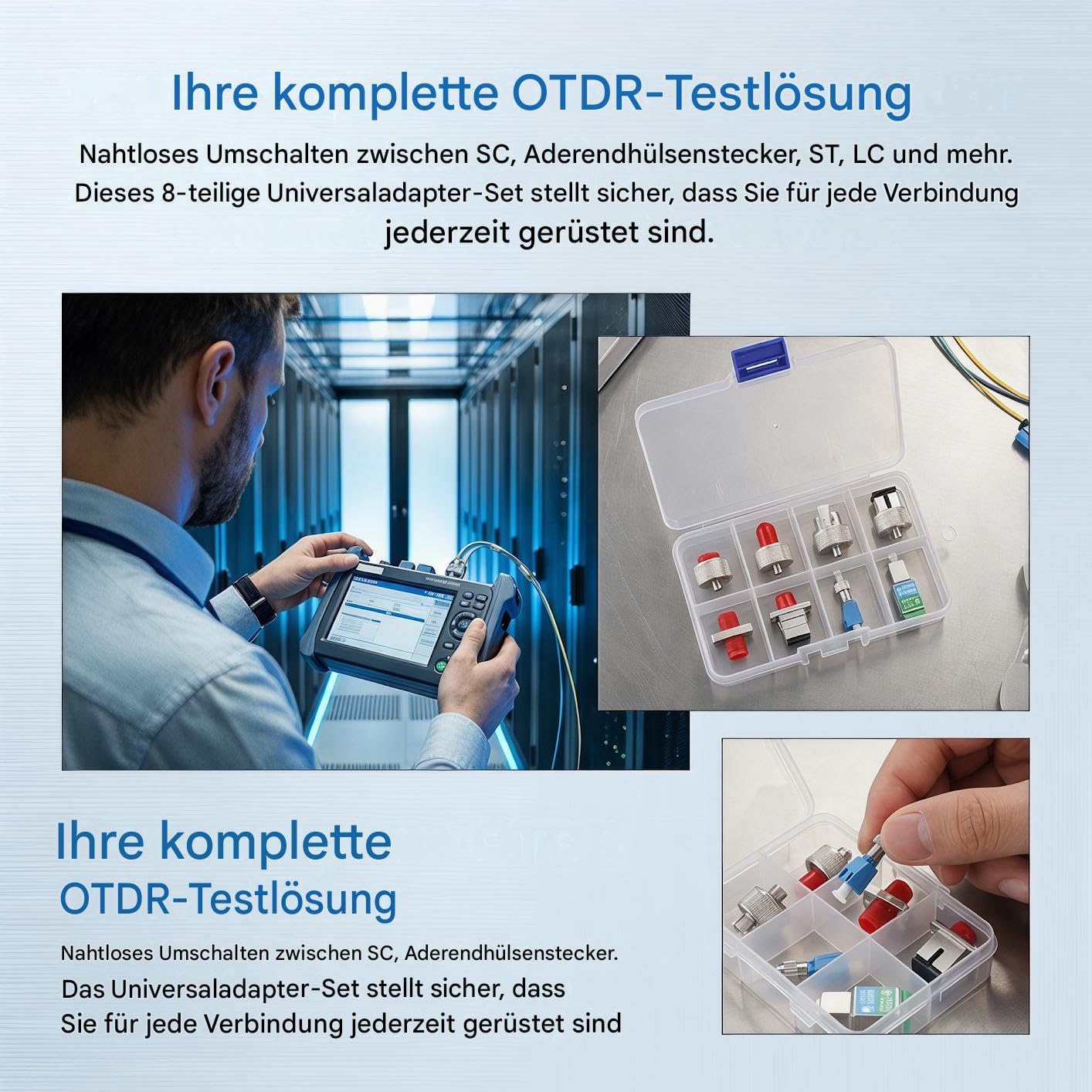 Lot de 8 adaptateurs OTDR en fibre optique pour SC FC ST LC - Pour les connexions réseau FTTH - Avec boîte de rangement amovible en plastique solide.