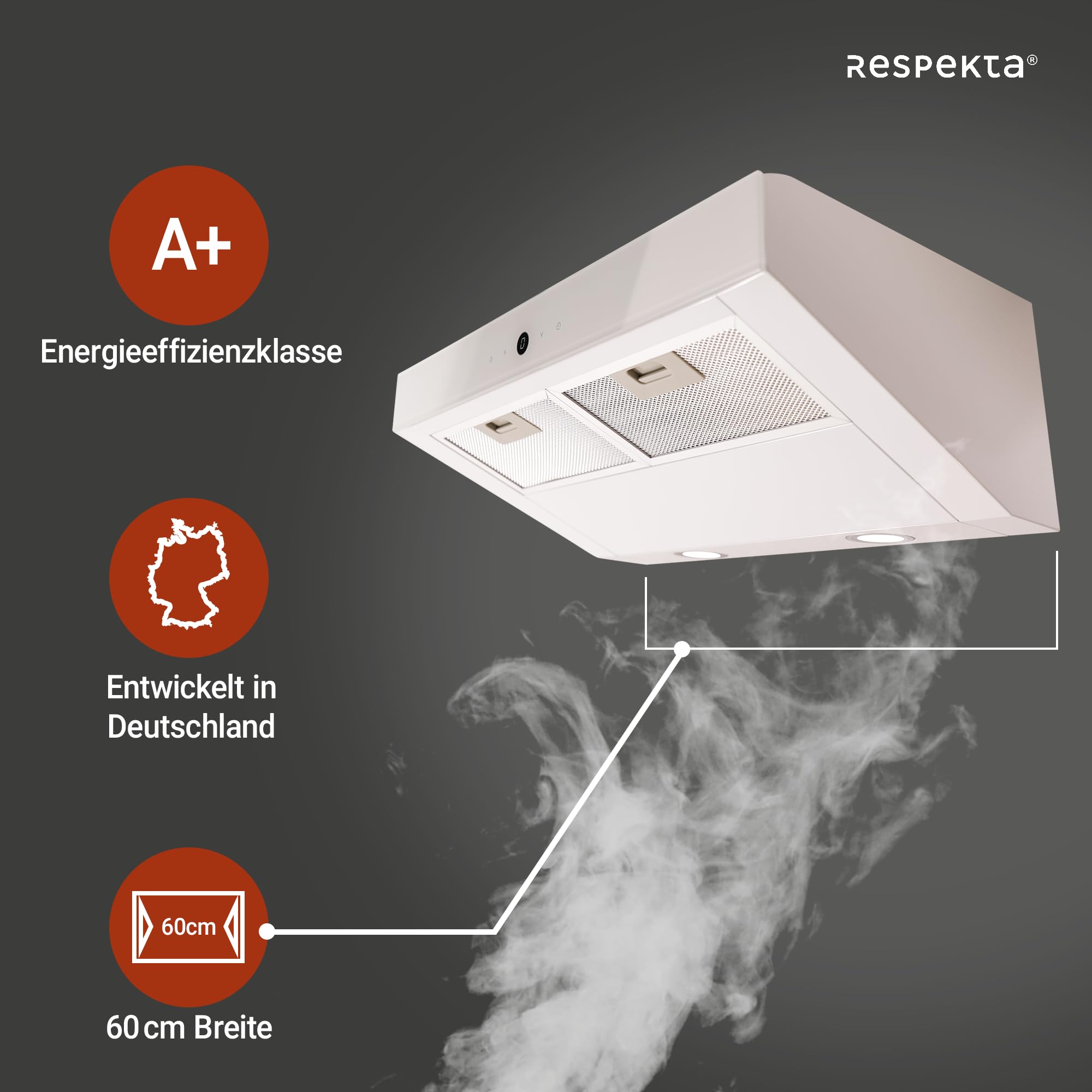 Respekta Dunstabzugshaube unterbau Sanja 60 cm Metallgehäuse Weiß Umluftbetrieb CH12060 W-21 A+ 55–64 dB